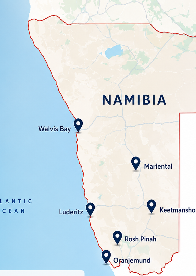 Stylised map of Namibia showing SSG regions of interest